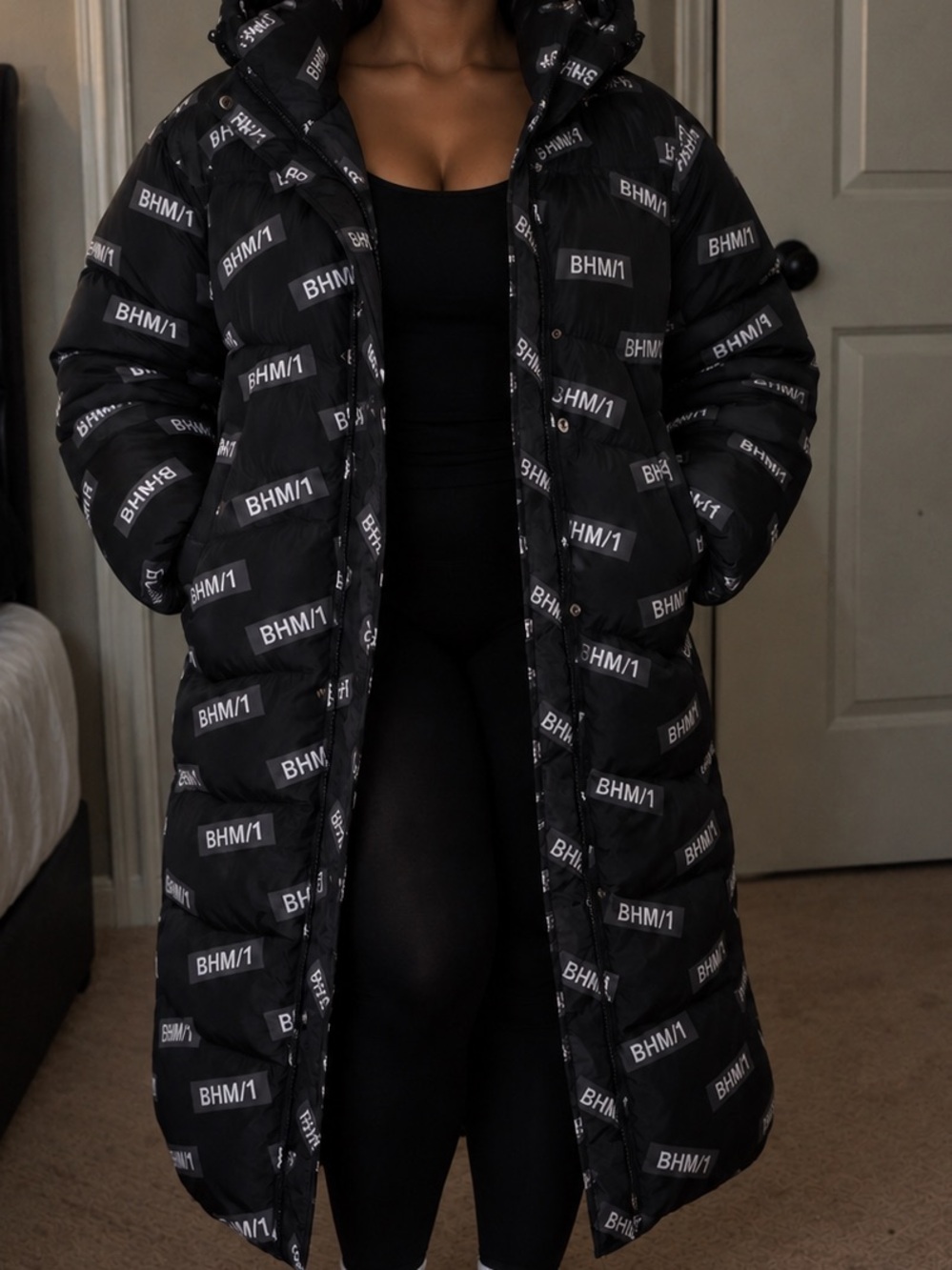 BoohooMAN BHM/1 Monogram Longline Puffer Jacket with Hood